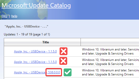 Image saying that you should only select the Apple USB driver that starts with a three digit version